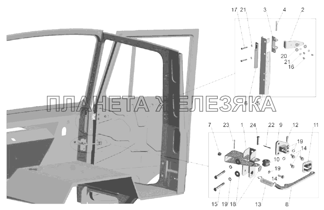Установка ограничителя и петель двери МАЗ-6303A3, 6303A5